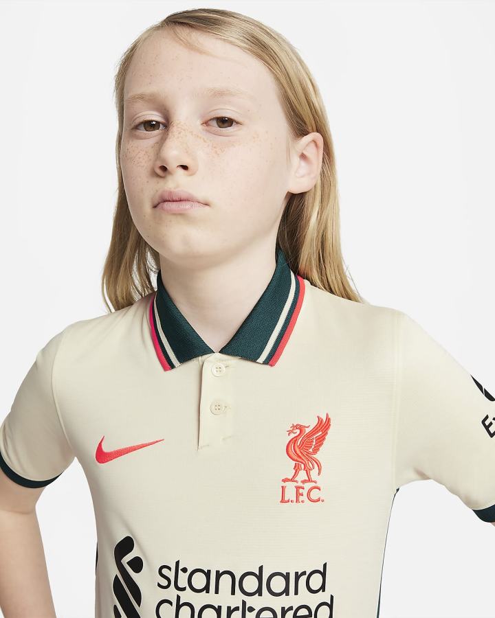 Nike Liverpool FC 2021/22 Stadium Away Kids Soccer Za Dječake Dres Bijele Kaki Boja Svijetlo Crvene | HR-27831LXPS