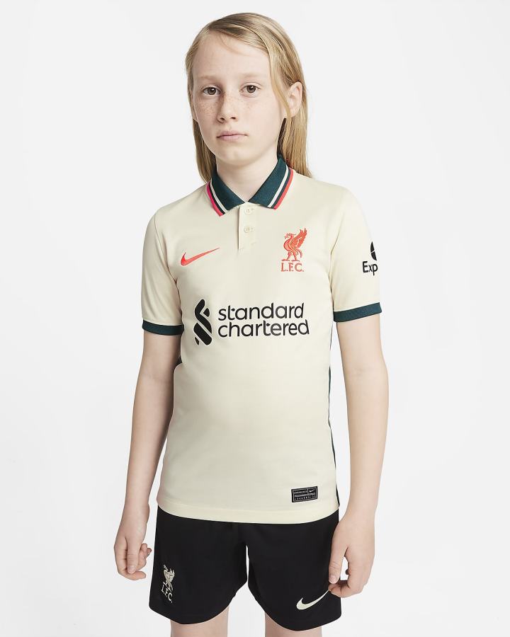 Nike Liverpool FC 2021/22 Stadium Away Kids Soccer Za Dječake Dres Bijele Kaki Boja Svijetlo Crvene | HR-27831LXPS