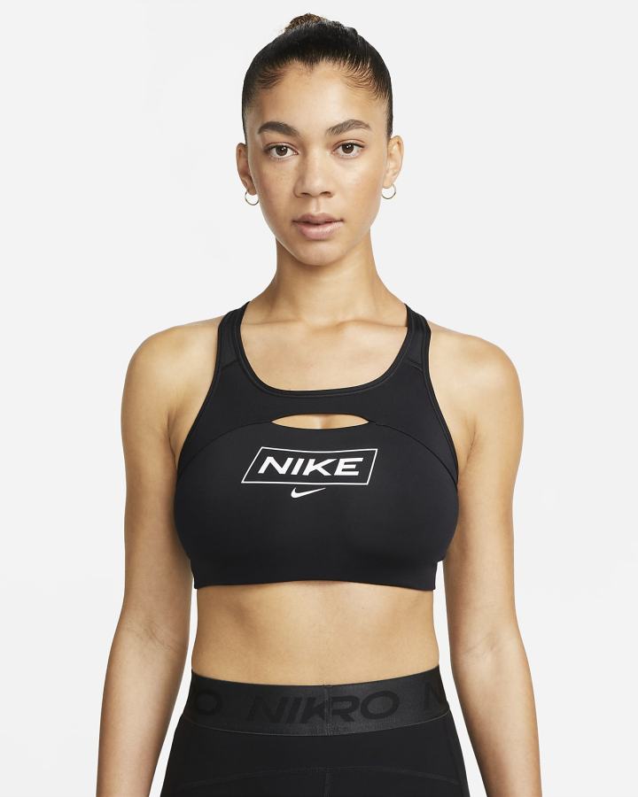 Nike Pro Dri-FIT Swoosh Medium-Support Non-Podstavljena Graficke Ženske Sportski Grudnjak Crne Tamno Sive Bijele | HR-07539YSBP