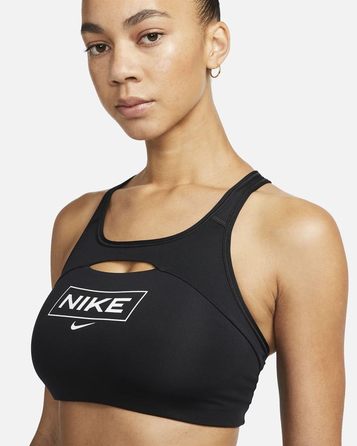 Nike Pro Dri-FIT Swoosh Medium-Support Non-Podstavljena Graficke Ženske Sportski Grudnjak Crne Tamno Sive Bijele | HR-07539YSBP