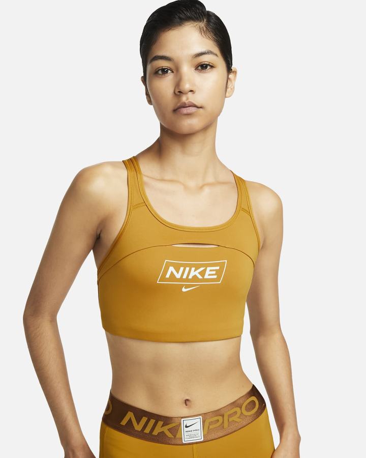 Nike Pro Dri-FIT Swoosh Medium-Support Non-Podstavljena Graficke Ženske Sportski Grudnjak Zlatne Smeđe Zelene | HR-84065QNUP