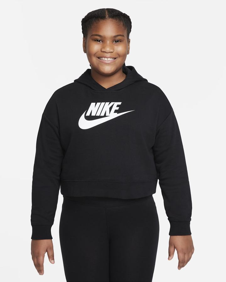 Nike Sportswear Club Kids French Terry Cropped (Extended Size) Za Djevojčice Majica S Kapuljačom Crne Bijele | HR-06834JZED