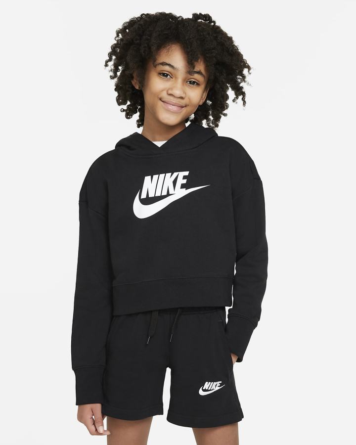 Nike Sportswear Club Kids French Terry Cropped (Extended Size) Za Djevojčice Majica S Kapuljačom Crne Bijele | HR-07532XOVG