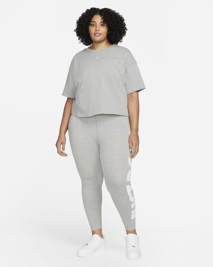 Nike Sportswear Essential High-Waisted Graficke (Plus Size) Ženske Tajice Tamno Sive Bijele | HR-12538MNOJ