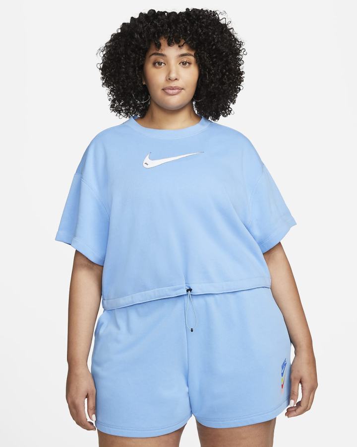 Nike Sportswear Swoosh Short Sleeve Crop Top (Plus Size) Ženske Majice Plave Sive Bijele | HR-20519JRGK