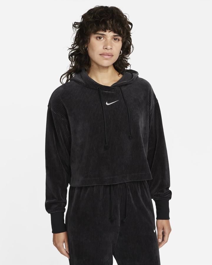 Nike Sportswear Velour Cropped Ženske Majica S Kapuljačom Crne | HR-29361KDMB