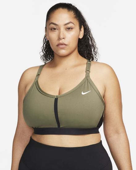 Nike Dri-FIT Indy Light-Support Podstavljena V-Neck (Plus Size) Ženske Sportski Grudnjak Maslinasto Zelene Crne Bijele | HR-09672UOZB