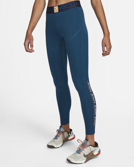 Nike Pro Dri-FIT Graficke Mid-Rise Ženske Tajice Plave Obsidijanske Koraljne Krem | HR-96248KQHY