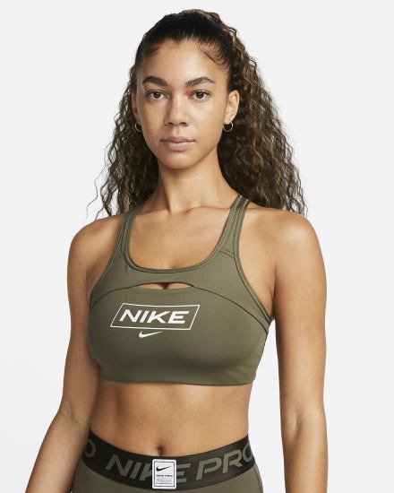 Nike Pro Dri-FIT Swoosh Medium-Support Non-Podstavljena Graficke Ženske Sportski Grudnjak Maslinasto Zelene Bijele | HR-28614VJYQ