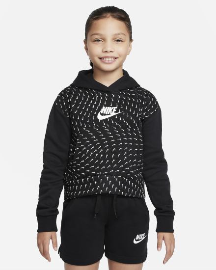 Nike Sportswear Kids Printed Fleece Za Djevojčice Majica S Kapuljačom Crne Bijele | HR-26395RTDI